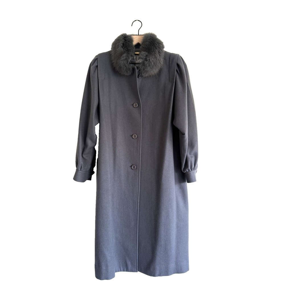 Chiyoda Bowbell Coat Womens S Gray Fur Collar Puff Sleeve Wool Blend Long Coat